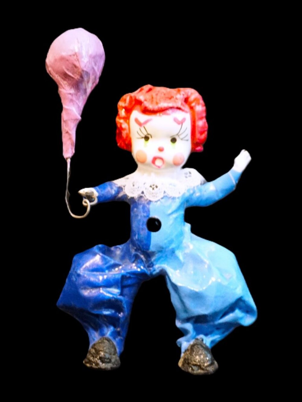 Paper Mache Vintage Small Clown Blue Jumpsuit, Hot Pink Hair and Lilac Balloon